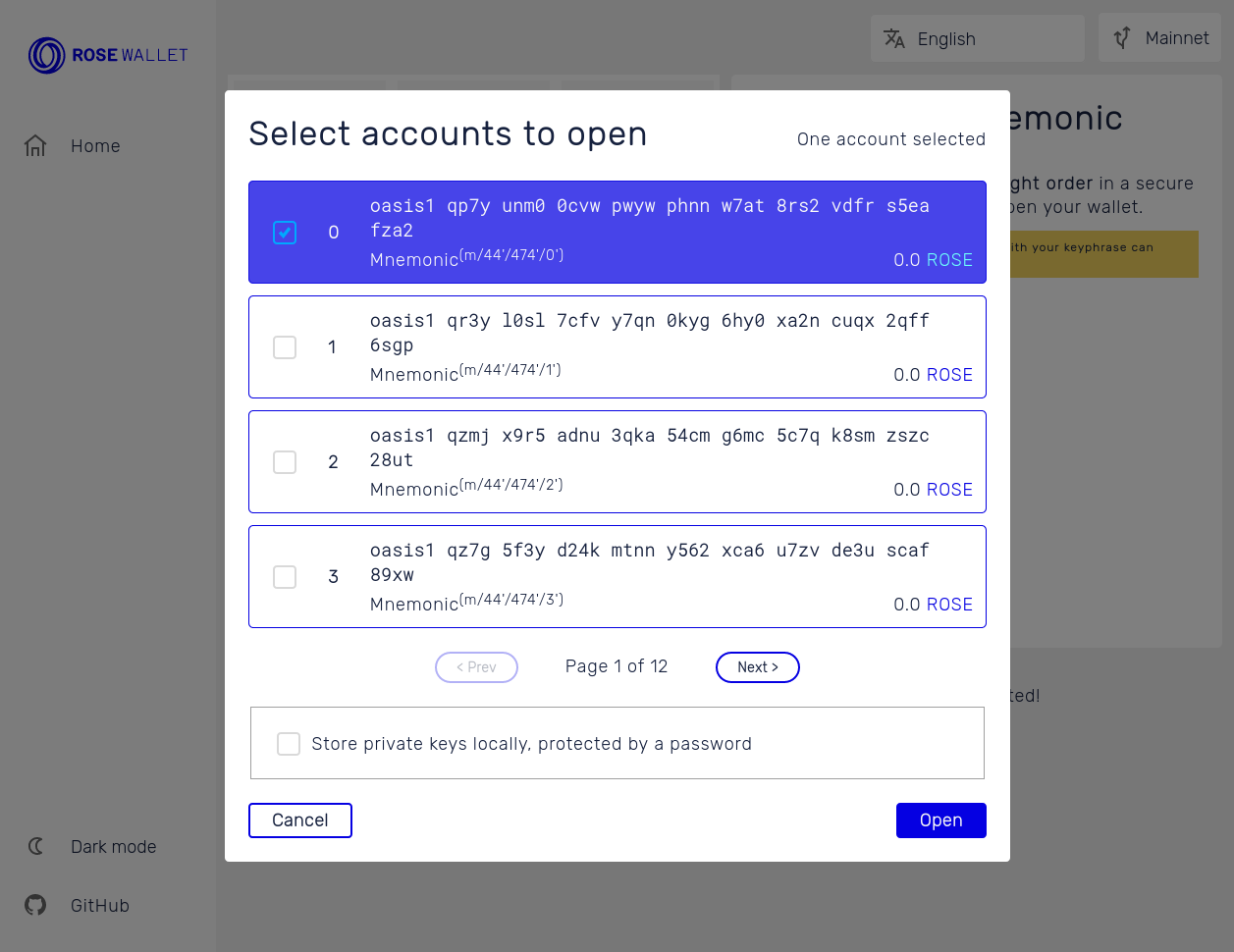 Account derivation popup